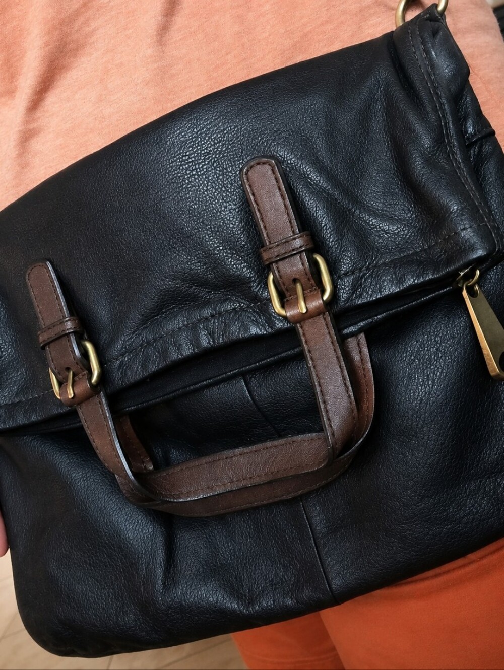 Vintage FOSSIL Explorer Tote Espresso Black Leather Fold Over Three Way Tote